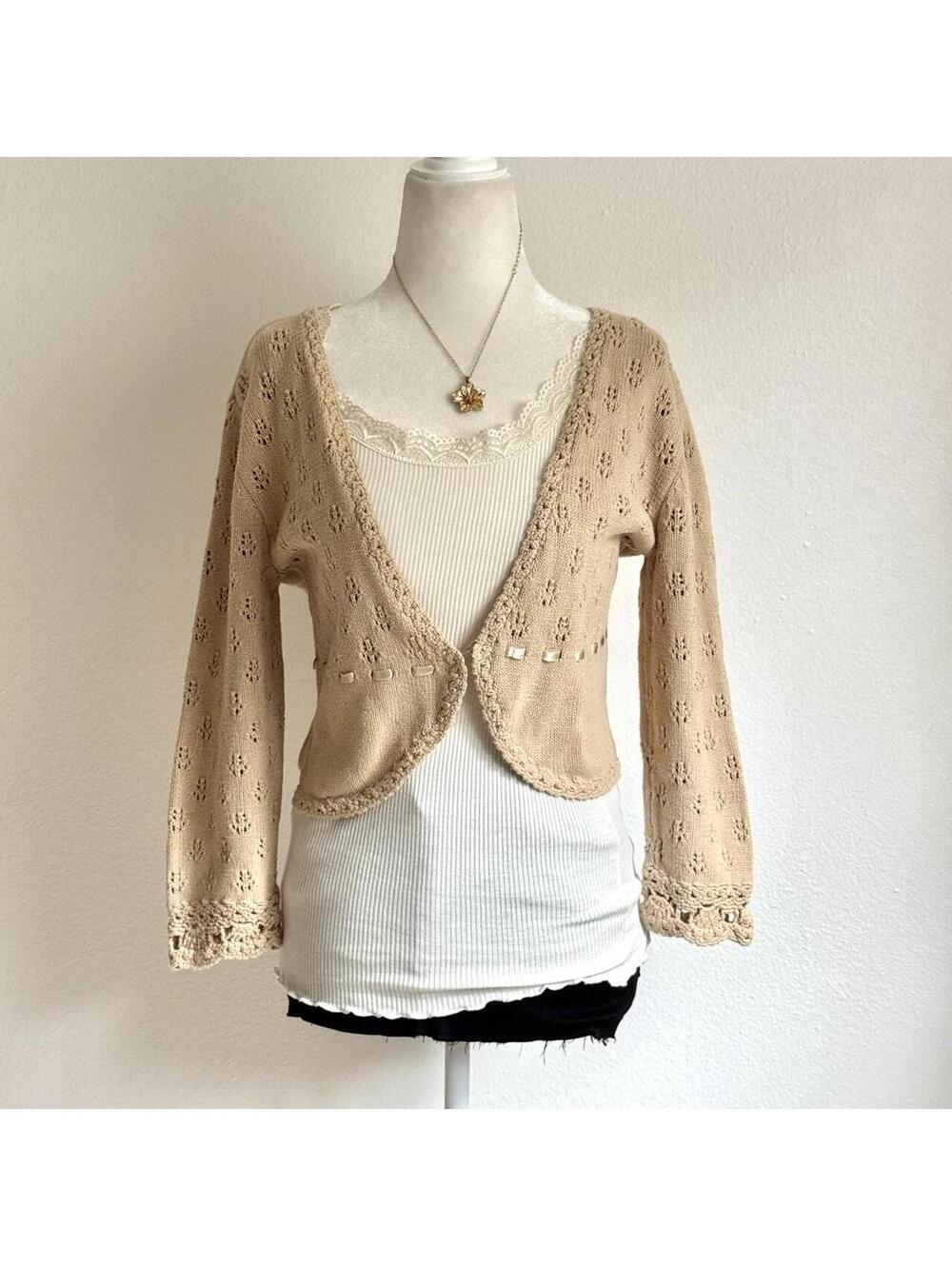 ੈ✩‧₊˚y2k beige crochet knit ribbon woven detail cardigan